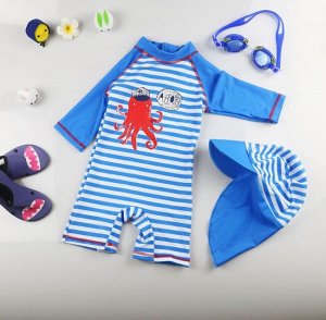 Детский комбинезон+головной убор, принт "осьминог, полосы", цвет синий
