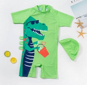 Детский комбинезон+головной убор, принт "крокодил с ведром", цвет зеленый