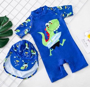 Детский комбинезон+головной убор, принт "динозаврик серфер", цвет синий