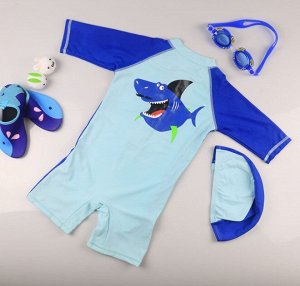 Детский комбинезон+головной убор, принт "добрая акула с усами", цвет голубой