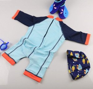 Детский комбинезон+головной убор, принт "рыбка", цвет голубой