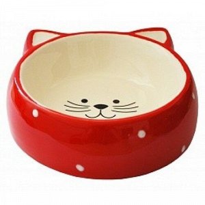 Миска керамическая Мордочка кошки красная в горох 12,5*12,5*3,8см Уют