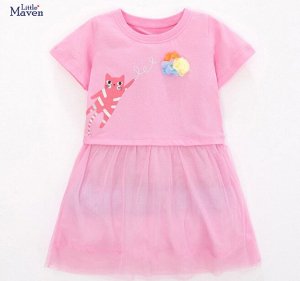 Детское платье, принт "Котик летит на шариках", цвет розовый