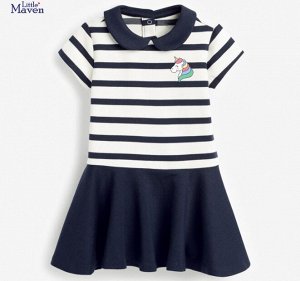 Детское платье, принт "Полосы и маленький единорог", цвет темно-синий/белый