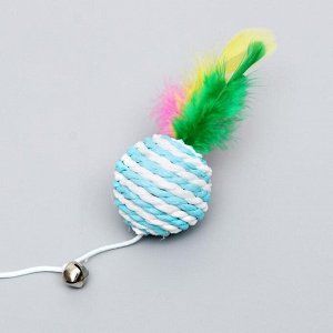 Дразнилка-удочка с плетёным шариком и перьями на деревянной ручке, микс цветов