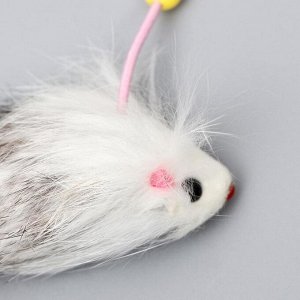 Дразнилка-удочка с мышью из натурального меха с перьями, микс цветов