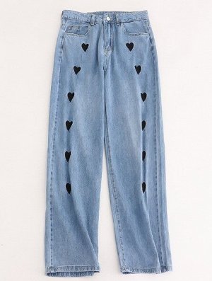 Женские широкие джинсы, принт "Сердца", цвет голубой