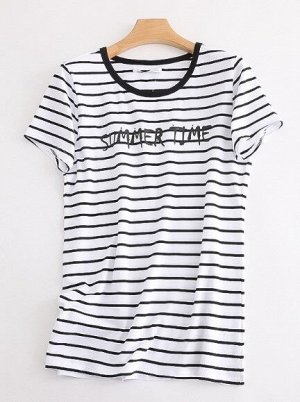 Женская футболка в полоску, надпись "Summer time", цвет белый/черный