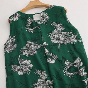 Женское платье без рукавов, принт "Цветы", цвет зеленый