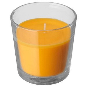 SINNLIG СИНЛИГ Ароматическая свеча в стакане, Манго/желтый7.5 см