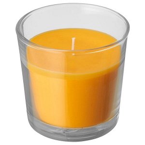 SINNLIG СИНЛИГ Ароматическая свеча в стакане, Манго/желтый 9 см