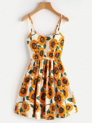 Random Sunflower Print Crisscross Back A Line Cami Dress