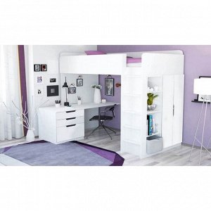 Кроватка-чердак Polini kids Simple с письменным столом и шкафом, цвет белый