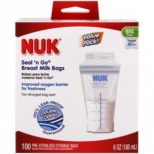 NUK, Seal 'n Go, пакетики для грудного молока, 100 стерильных пакетиков для хранения, 180 мл ( 6 унций)