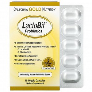 California Gold Nutrition, LactoBif, пробиотики, 5 млрд КОЕ, 10 растительных капсул