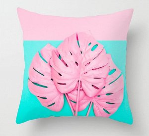 Наволочка на подушку, принт "Листья", цвет бирюзовый/розовый