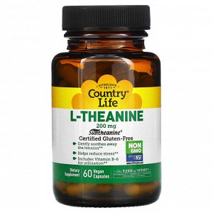 Country Life, L-теанин, 200 мг, 60 растительных капсул