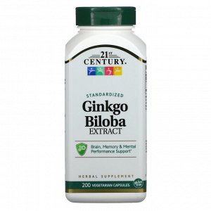 21st Century, Экстракт Ginkgo biloba, стандартизированный, 200 вегетарианских капсул