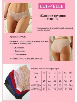 LUI et ELLE EFA0302 white Трусики женские слипы кружевные с красивым цветочным дизайном. Задняя часть - мелкая сеточка