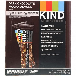 KIND Bars, Nuts &amp; Spices, с темным шоколадом, мокко и миндалем, 12 батончиков, 40 г (1,4 унции) каждый