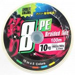 Плетеный шнур Malibu 8PE №10 (0.55мм, 100м, 46кг, 100Lb, 10м х 5 color)