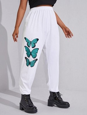 Спортивные брюки размера плюс с принтом бабочки