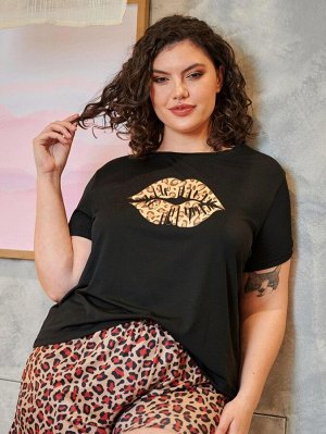 Пижама размера плюс с леопардовым и графическим принтом