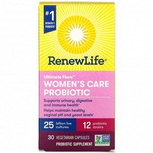 Renew Life, Ultimate Flora, пробиотик Women's Care для женского здоровья, 25 млрд живых культур, 30 вегетарианских капсул