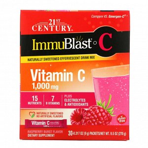 21st Century, ImmuBlast-C, витамин C, смесь для шипучего напитка, малина, 1000 мг, 30 пакетиков по 9 г (0,317 унции)