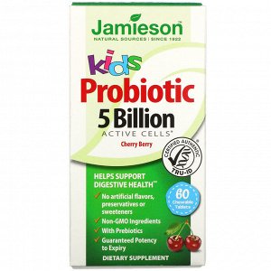 Jamieson Natural Sources, Kids, пробиотик, вишня, 5 млрд КОЕ активных клеток, 60 жевательных таблеток