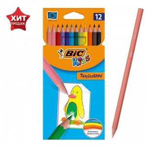 Цветные карандаши 12 цветов, детские, шестигранные, ударопрочные, BIC Kids Tropicolors