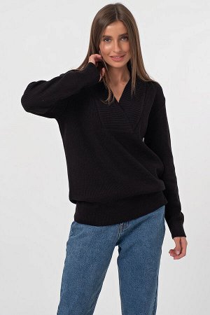 Пуловер вязаный свободный со спущенным плечом черный