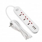 Удлинитель Luazon Lighting, 3 розетки, 3 м, 10 А, 1500 Вт, 2х0.75 мм2, 3хUSB, с выкл., Б