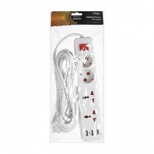 Удлинитель Luazon Lighting, 2 евро+2 унив.роз., 5м,2200Вт, ПВС 2х0.5 мм2, 3хUSB, с выкл., Б