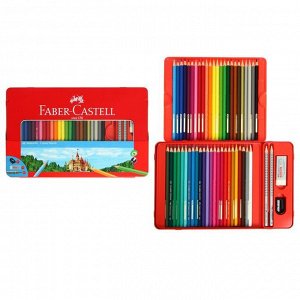 Карандаши 48 цвета Faber-Castell «Замок», трёхгранный корпус, 2 чернографитных карандаша , с ластиком, в металлическом пенале