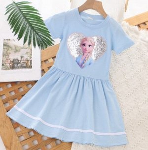 Детское платье, принт из пайеток "принцессы", цвет синий