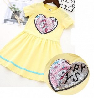 Детское платье меняющие принт из пайеток, принт "единорог меняется на надпись" , цвет желтый