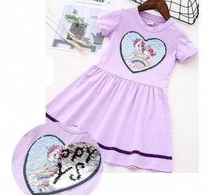 Детское платье меняющие принт из пайеток, принт "единорог меняется на надпись" , цвет фиолетовый
