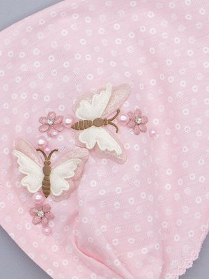 Косынка трикотажная для девочки на резинке, мелкий горошек, сбоку две бабочки, светло-розовый