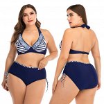 Женский раздельный купальник ,PLUS SIZE ,трусы с высокой посадкой,&quot;Этнический&quot; принт,принт &quot;Полосы&quot;,цвет синий/белый