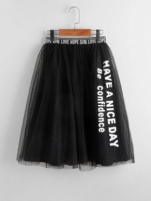 Сетчатая юбка с текстовым принтом для девочек