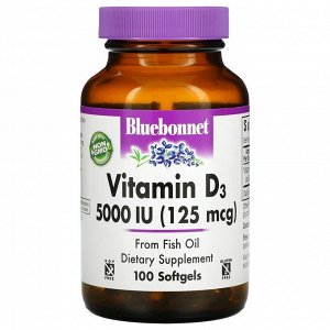 Bluebonnet Nutrition, Vitamin D3, 125 mcg (5,000 IU), 100 Softgels