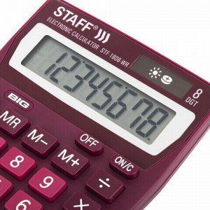 Калькулятор настольный STAFF STF-1808-WR, КОМПАКТНЫЙ (140х105 мм), 8 разрядов, двойное питание, БОРДОВЫЙ, 250467