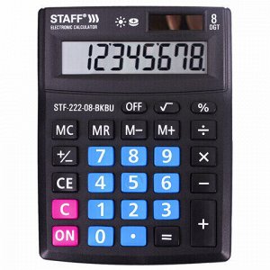 Калькулятор настольный STAFF PLUS STF-222-08-BKBU, КОМПАКТНЫЙ (138x103 мм), 8 разрядов, двойное питание, ЧЕРНО-СИНИЙ, 250470