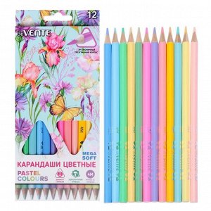Карандаши цветные 12 цветов, deVENTE Trio Mega Soft Pastel, трёхгранный корпус, супер мягкие, 4M, грифель 3 мм, пастельные цвета