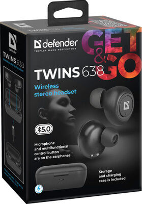 Гарнитура Гарнитура беспроводная Def Twins 638, TWS, Bluetooth, цв. черный, box-40 63638