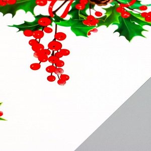 Наклейка пластик интерьерная цветная "Зимняя веточка с ягодами и шишками" 20х30 см