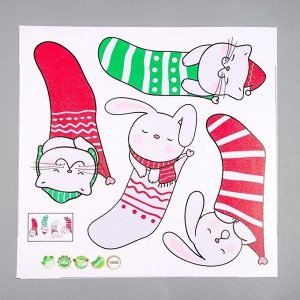 Наклейка пластик интерьерная цветная "Зайчики и котята в новогодних носочках" 30х30 см