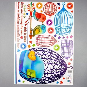 Наклейка пластик интерьерная цветная "Птенчики и клетки" 50х70 см