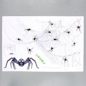 Наклейка пластик интерьерная чёрная "Паук с паучатами на паутине" 30х45 см